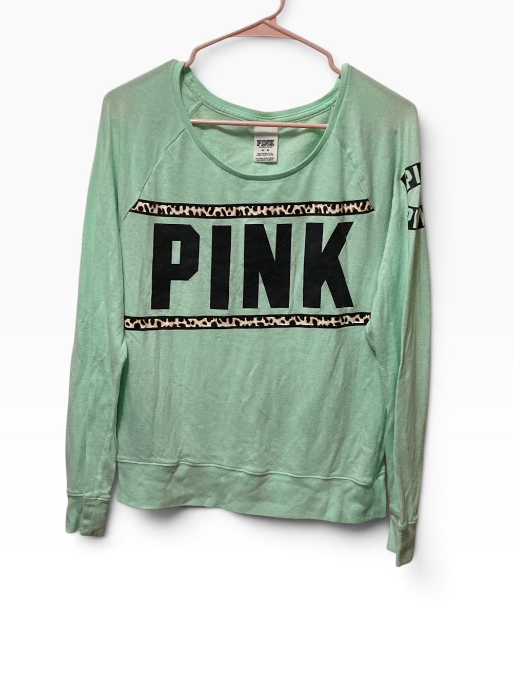 Victoria's Secret PINK Mint Crewneck Sweatshirt with Leopard Trim